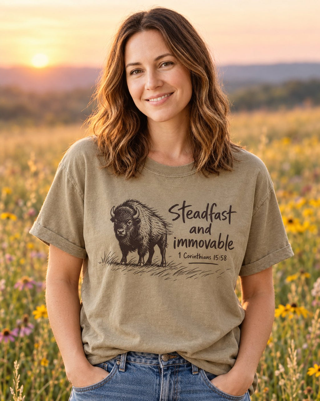 Steadfast and Immovable Bison, Khaki women's Christian tee, lifestyle photo in wildflower meadow, bison on grass with Steadfast and immovable lettering, She Wears Faith