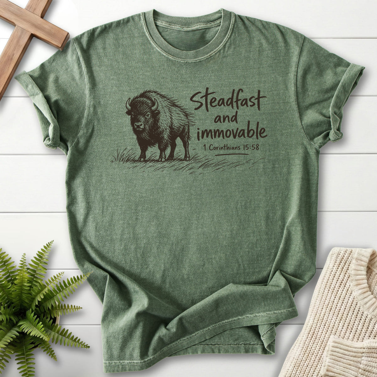 Moss Steadfast and Immovable Bison T-shirt flat lay mockup, 1 Corinthians 15:58 Christian apparel for women