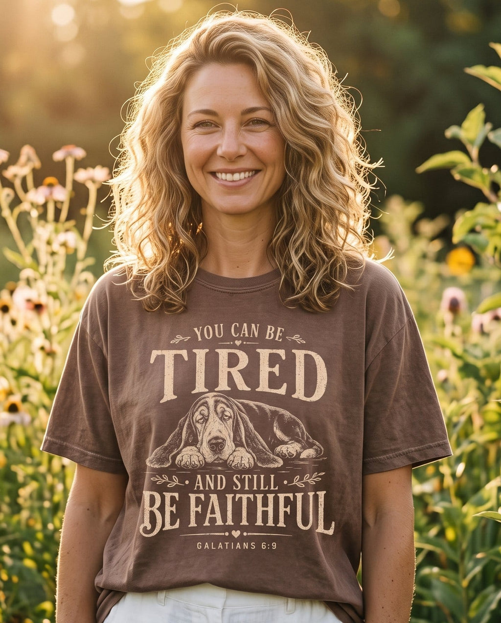 Still Be Faithful Galatians 6 Still Faithful – Espresso women's Christian tee, lifestyle photo in outdoor garden – Droopy-eyed bloodhound illustration – Galatians 6:9 – She Wears Faith