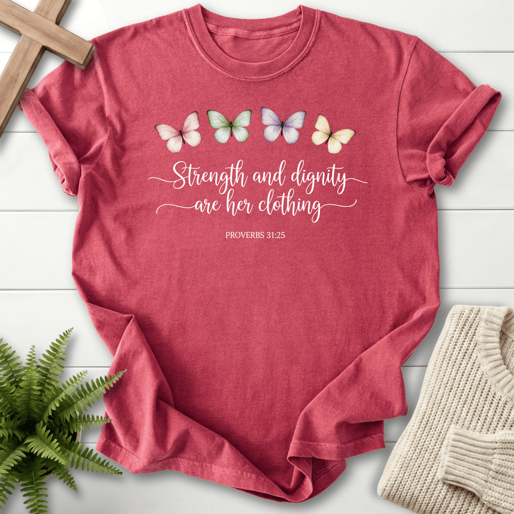 Crimson Christian t-shirt for women with a butterfly design and graceful Strength and Dignity script, by She Wears Faith.