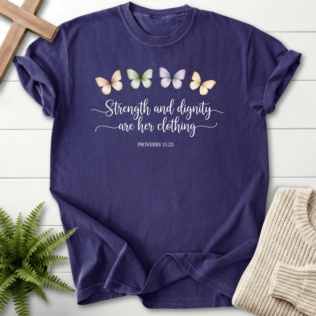Grape Christian t-shirt for women with four watercolor butterflies in pink, green, lavender, and yellow and the Strength and Dignity message.