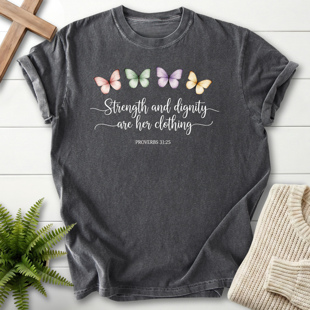Pepper Scripture shirt with colorful watercolor butterflies and elegant Strength and Dignity cursive lettering, inspired by Proverbs 31:25.