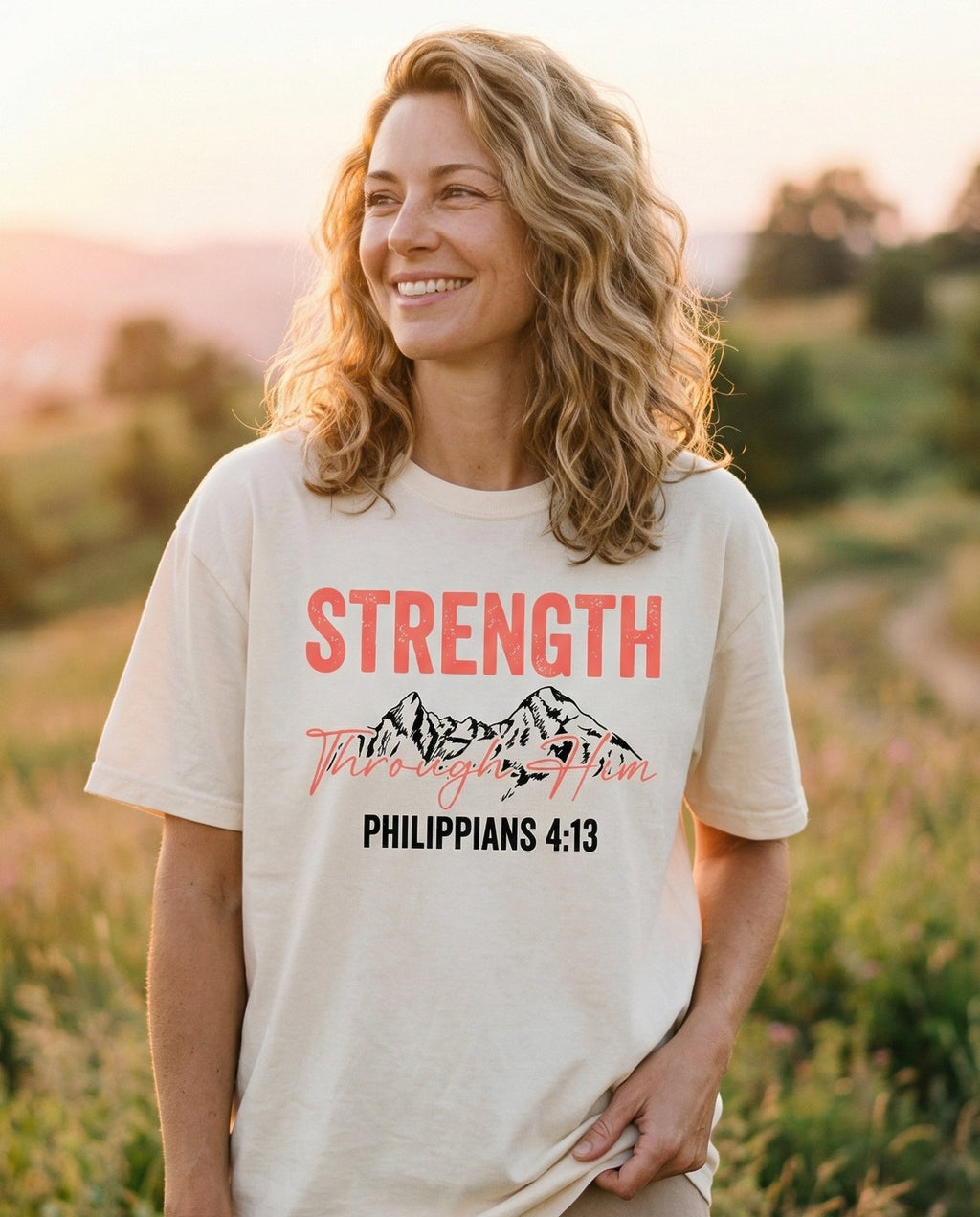Strength Through Him – Ivory women's Christian tee, lifestyle photo in wildflower meadow at sunrise – Bold block lettering 'STRENGTH' in coral-orange above a mountain range – Philippians 4:13 – She Wears Faith