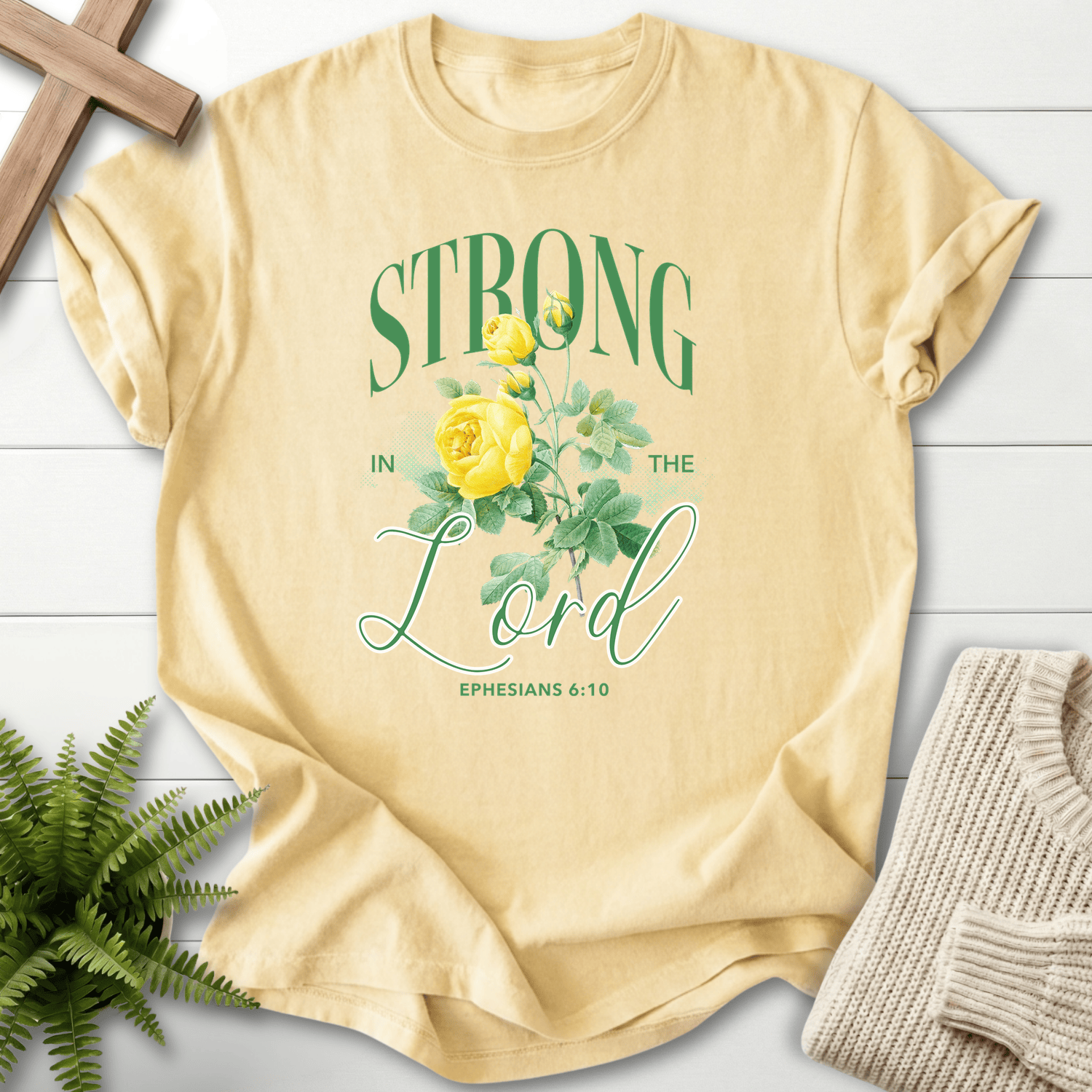 Banana Christian t-shirt for women with a botanical rose design and Strong in the Lord message, by She Wears Faith.