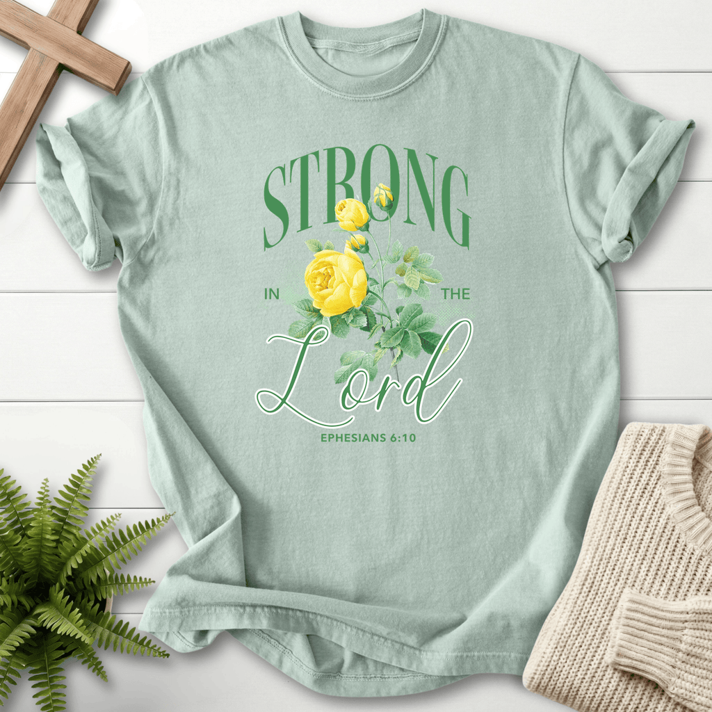 Bay Christian t-shirt for women with a vintage yellow rose and Strong in the Lord lettering, inspired by Ephesians 6:10.