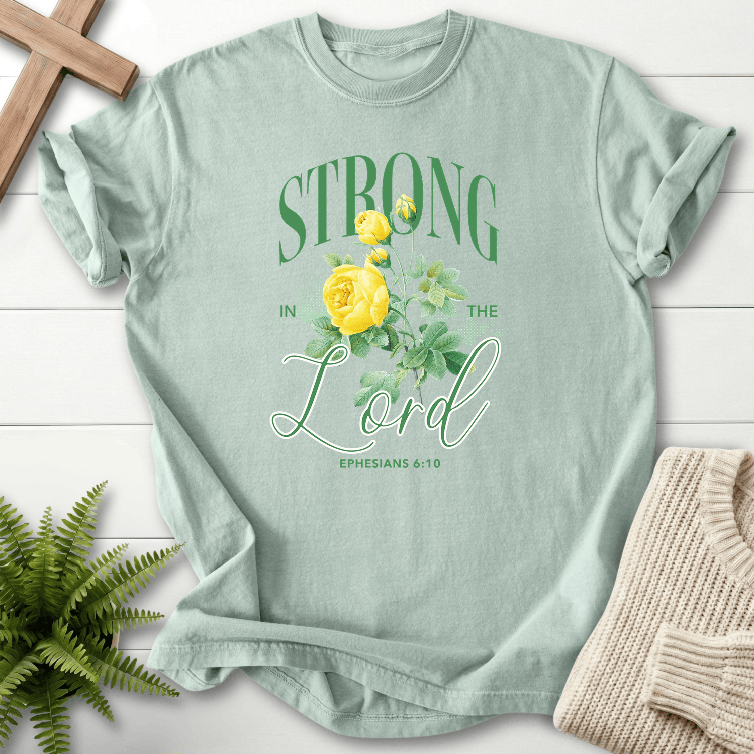 Bay Christian t-shirt for women with a vintage yellow rose and Strong in the Lord lettering, inspired by Ephesians 6:10.