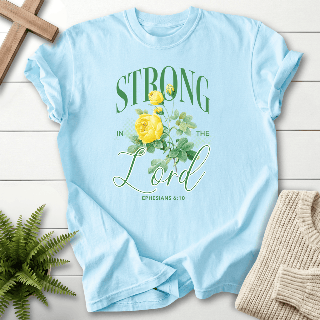 Chambray Bible verse tee with the Strong in the Lord yellow rose graphic, inspired by Ephesians 6:10.
