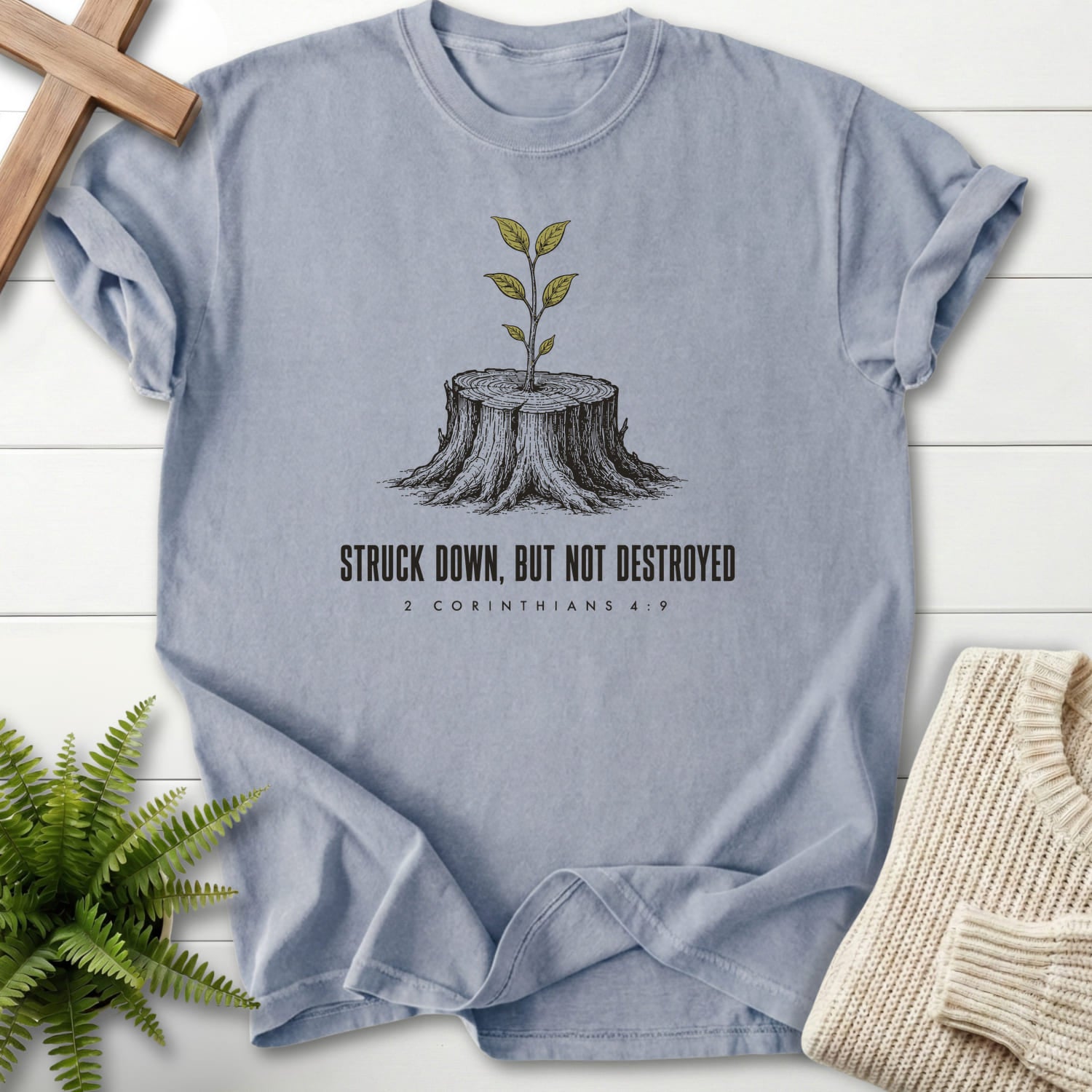 Granite color option for the Struck Down But Not Destroyed garment-dyed Christian tee with "Struck Down But Not Destroyed T-Shirt" design.