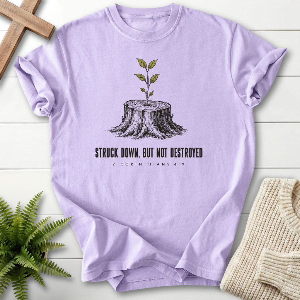 Orchid color option for the Struck Down But Not Destroyed faith-inspired shirt with "Struck Down But Not Destroyed T-Shirt" design.