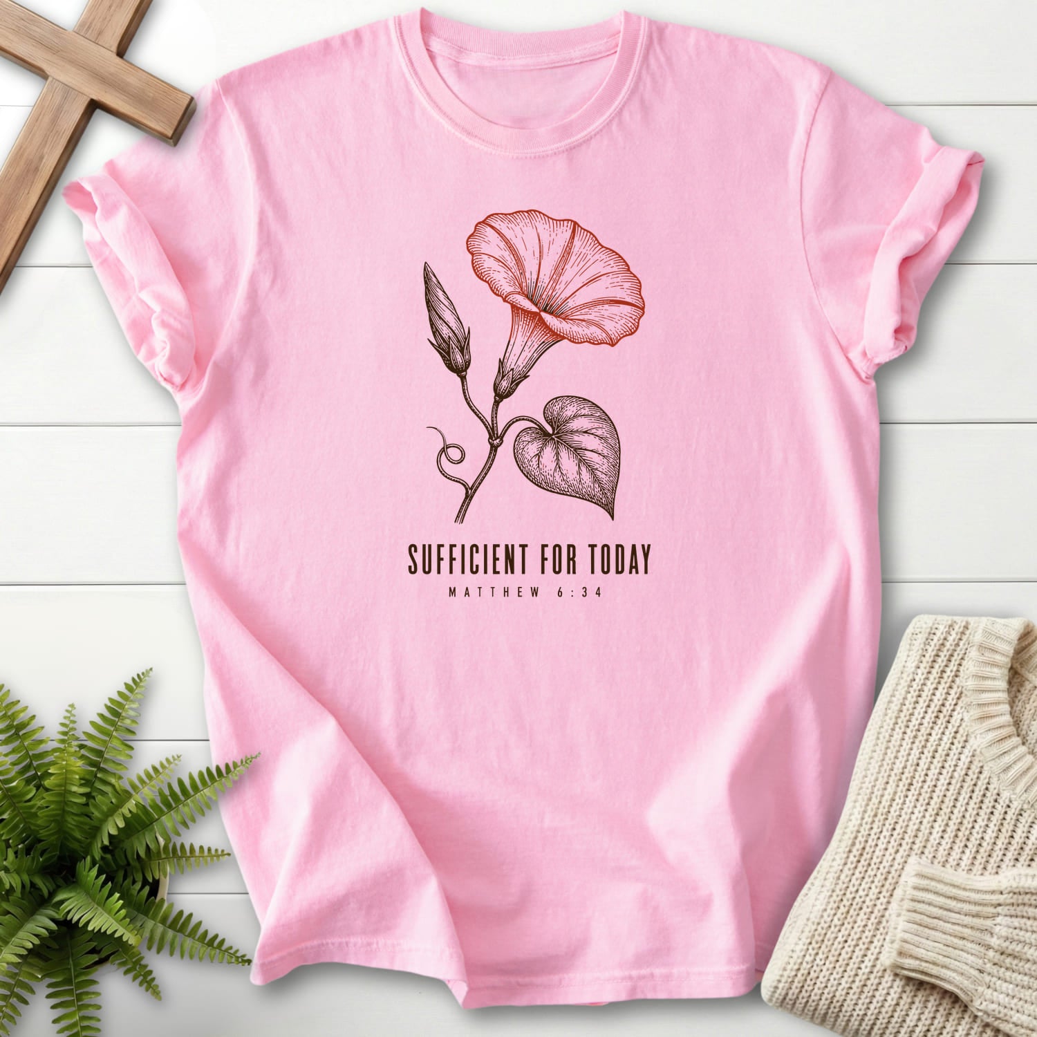 Flatlay of a Blossom Comfort Colors 1717 Christian shirt with flower artwork with "Sufficient for Today T-Shirt".