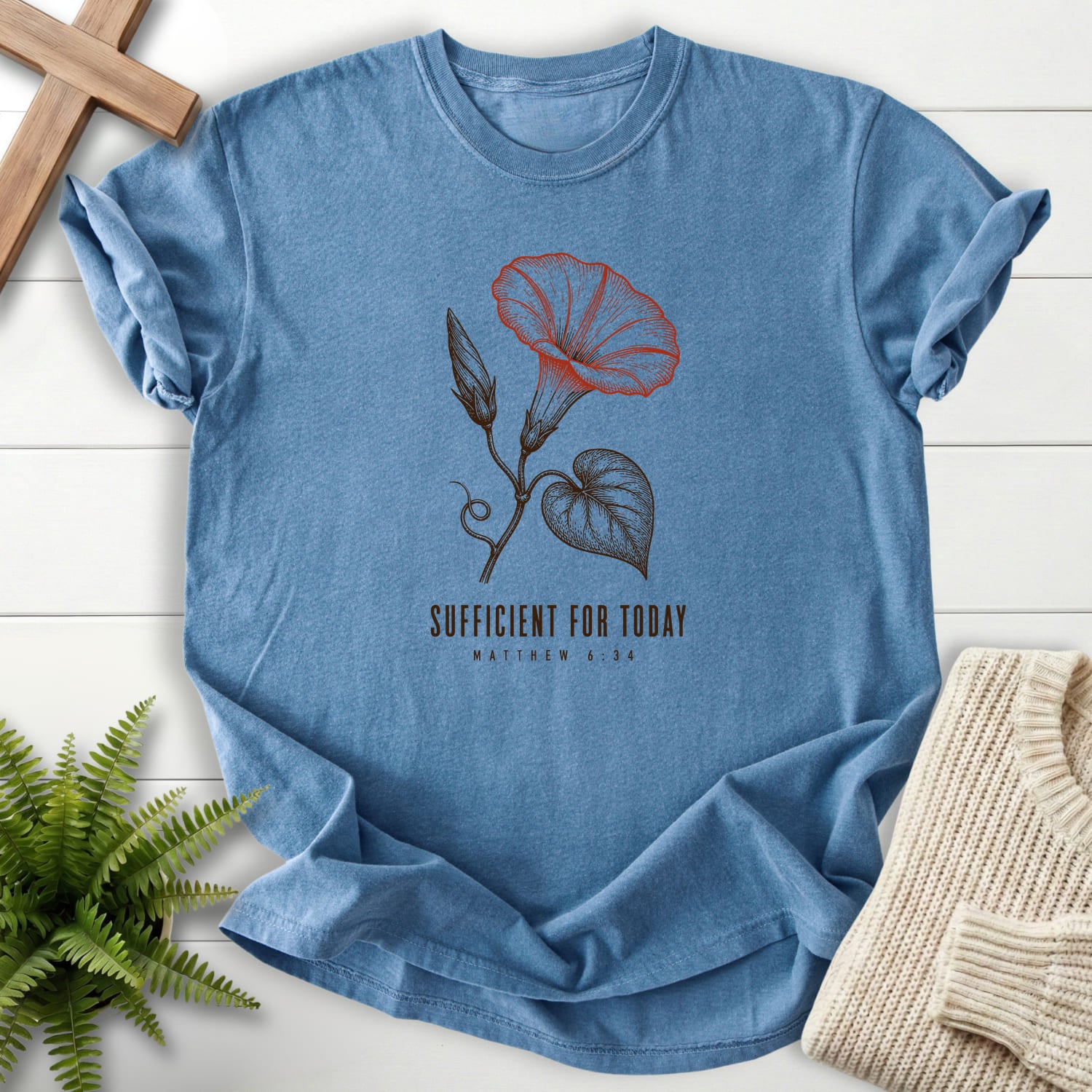 Blue Jean color option for the Sufficient for Today Christian t-shirt for women with flower artwork with "Sufficient for Today T-Shirt".