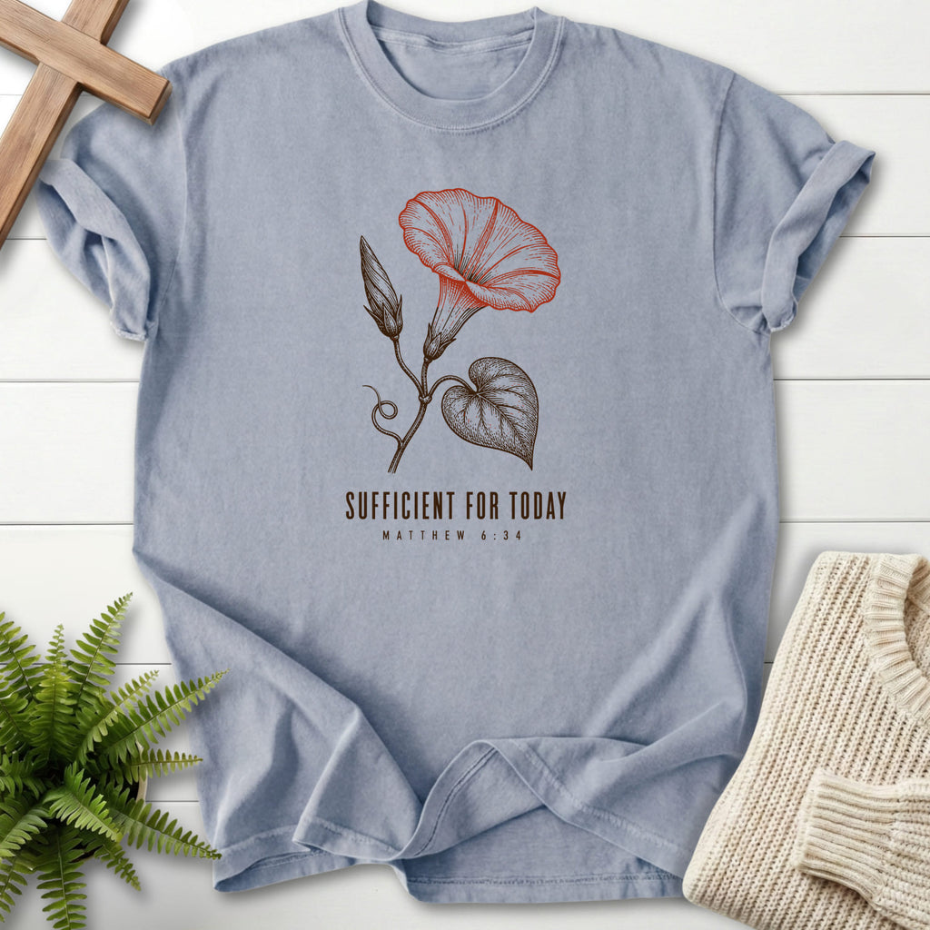 Flat lay of a Granite faith-based tee featuring flower artwork with "Sufficient for Today T-Shirt".
