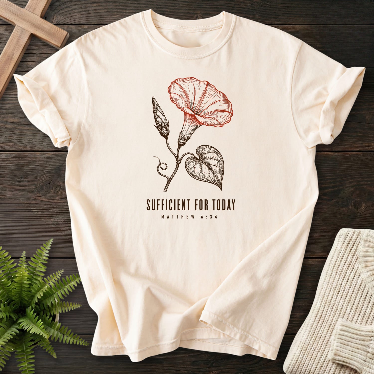 Ivory color option for the Sufficient for Today tee with flower artwork with "Sufficient for Today T-Shirt" for women's faith apparel.