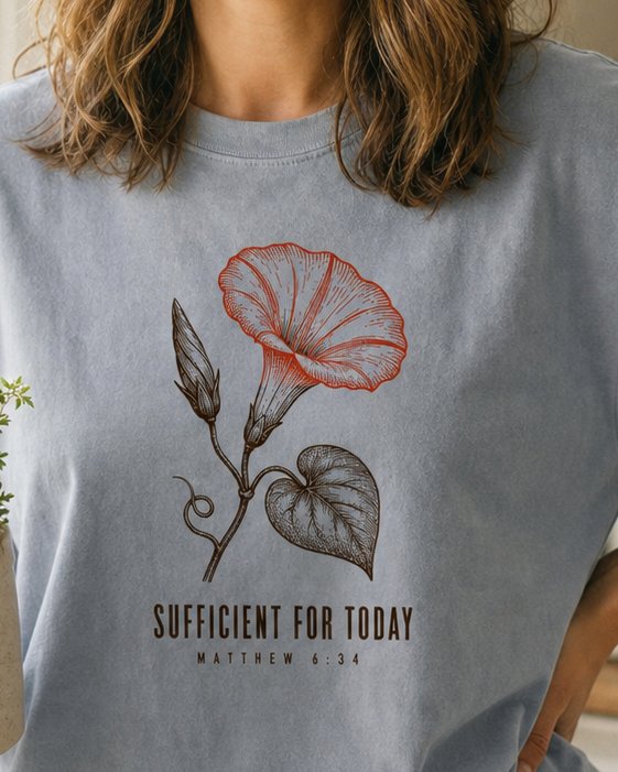 Sufficient FOR Today - Granite women's Christian tee, lifestyle photo in morning kitchen setting - Morning glory flower and vine in coral and brown - Matthew 6:34 - She Wears Faith