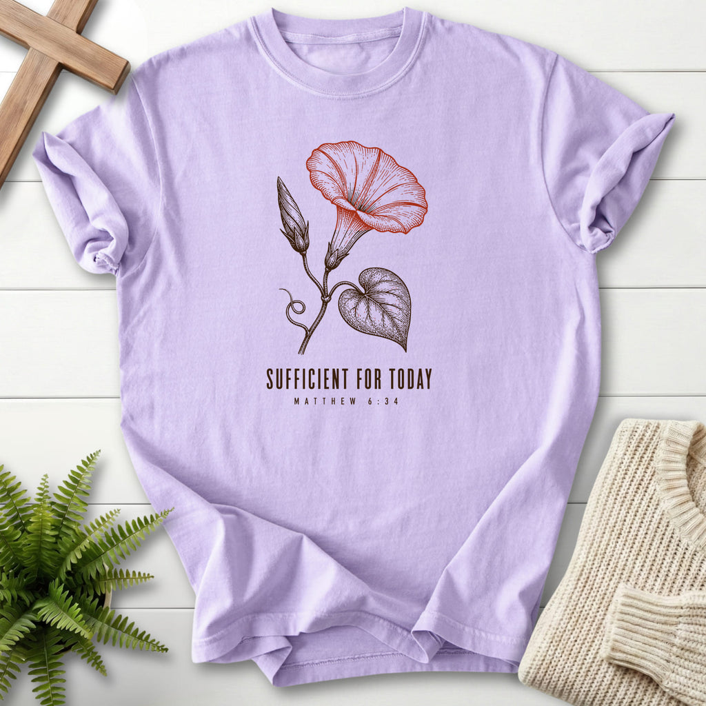 Orchid color option for the Sufficient for Today garment-dyed Christian tee with flower artwork with "Sufficient for Today T-Shirt".