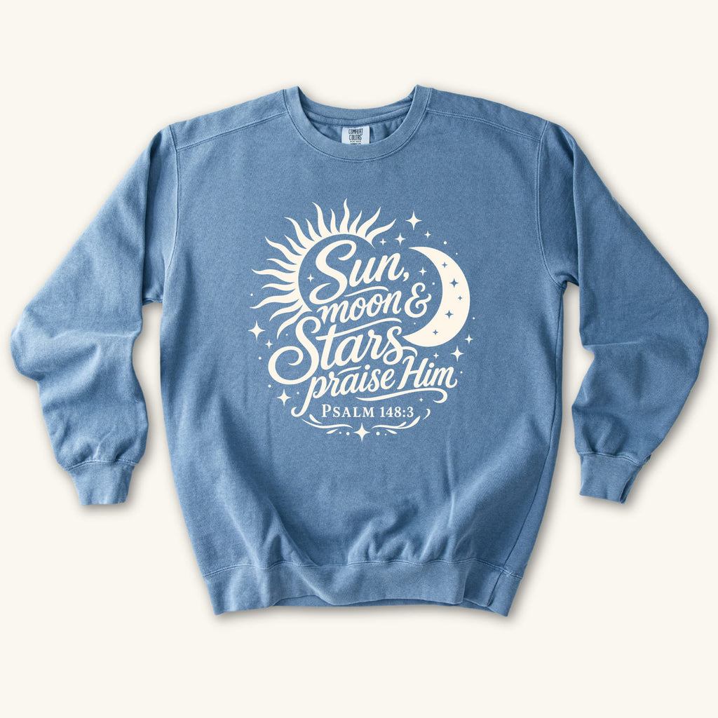 Blue Jean Sun Moon and Stars Praise Him sweatshirt flat lay mockup, Psalm 148:3 Christian apparel for women