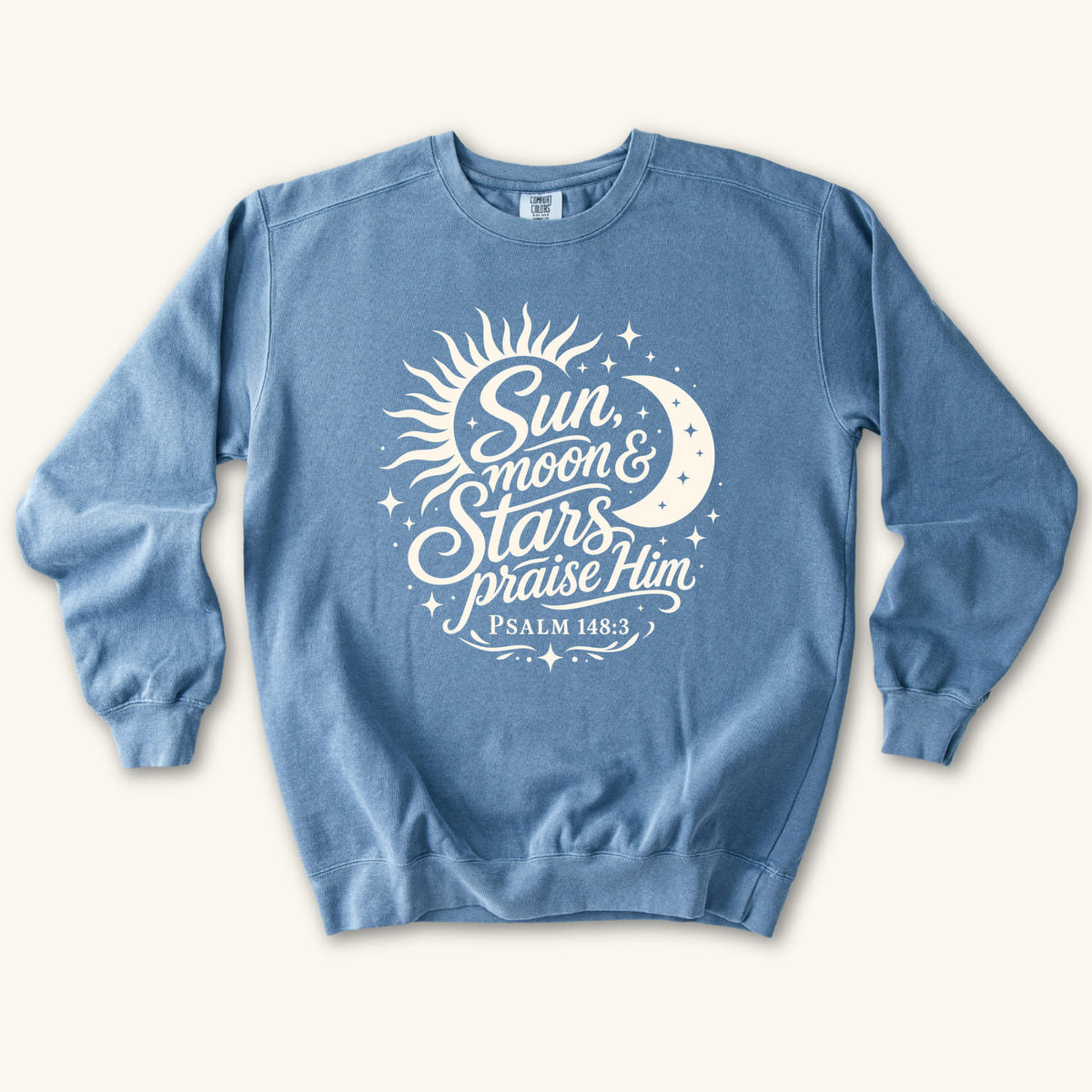 Blue Jean Sun Moon and Stars Praise Him sweatshirt flat lay mockup, Psalm 148:3 Christian apparel for women