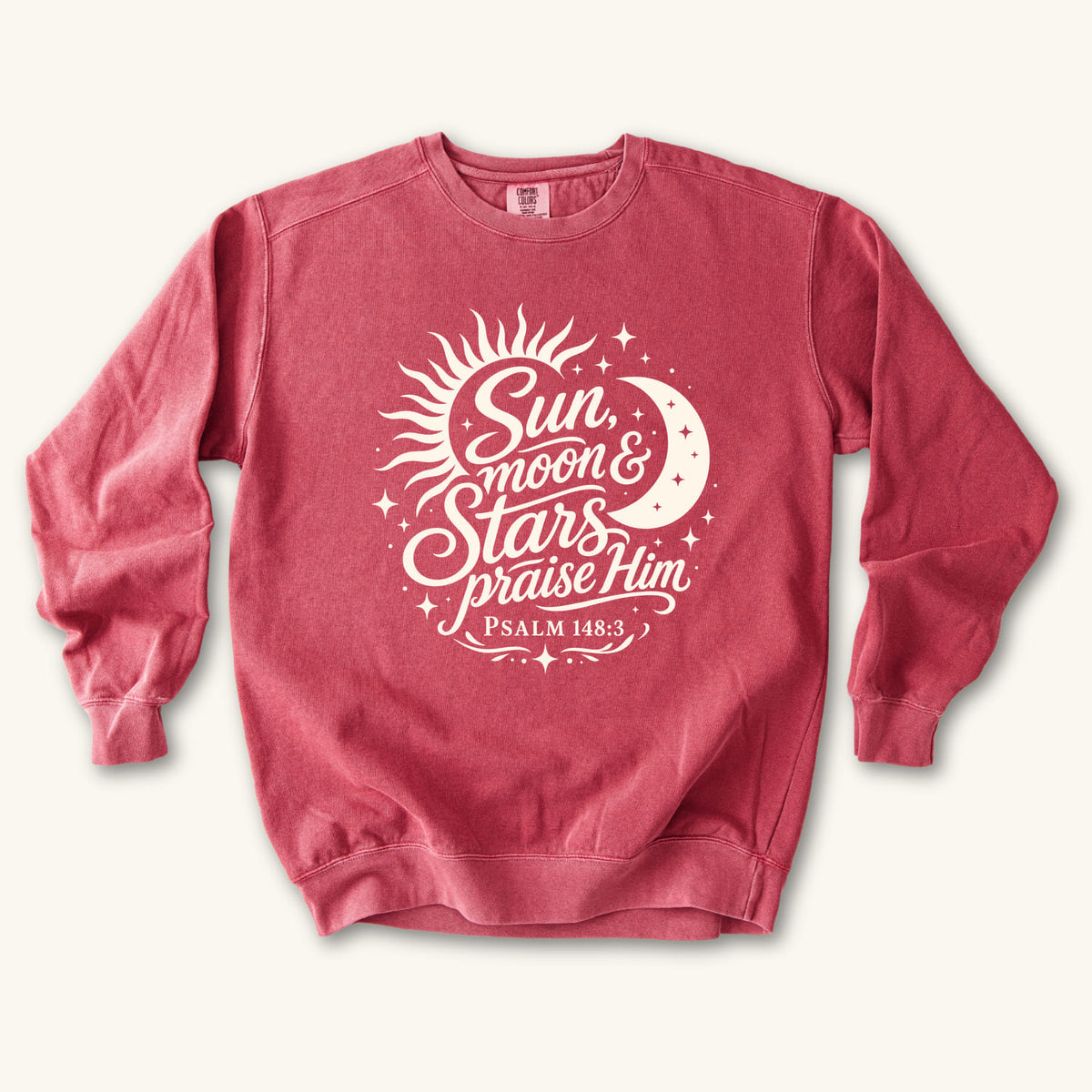 Crimson Sun Moon and Stars Praise Him sweatshirt flat lay mockup, Psalm 148:3 Christian apparel for women