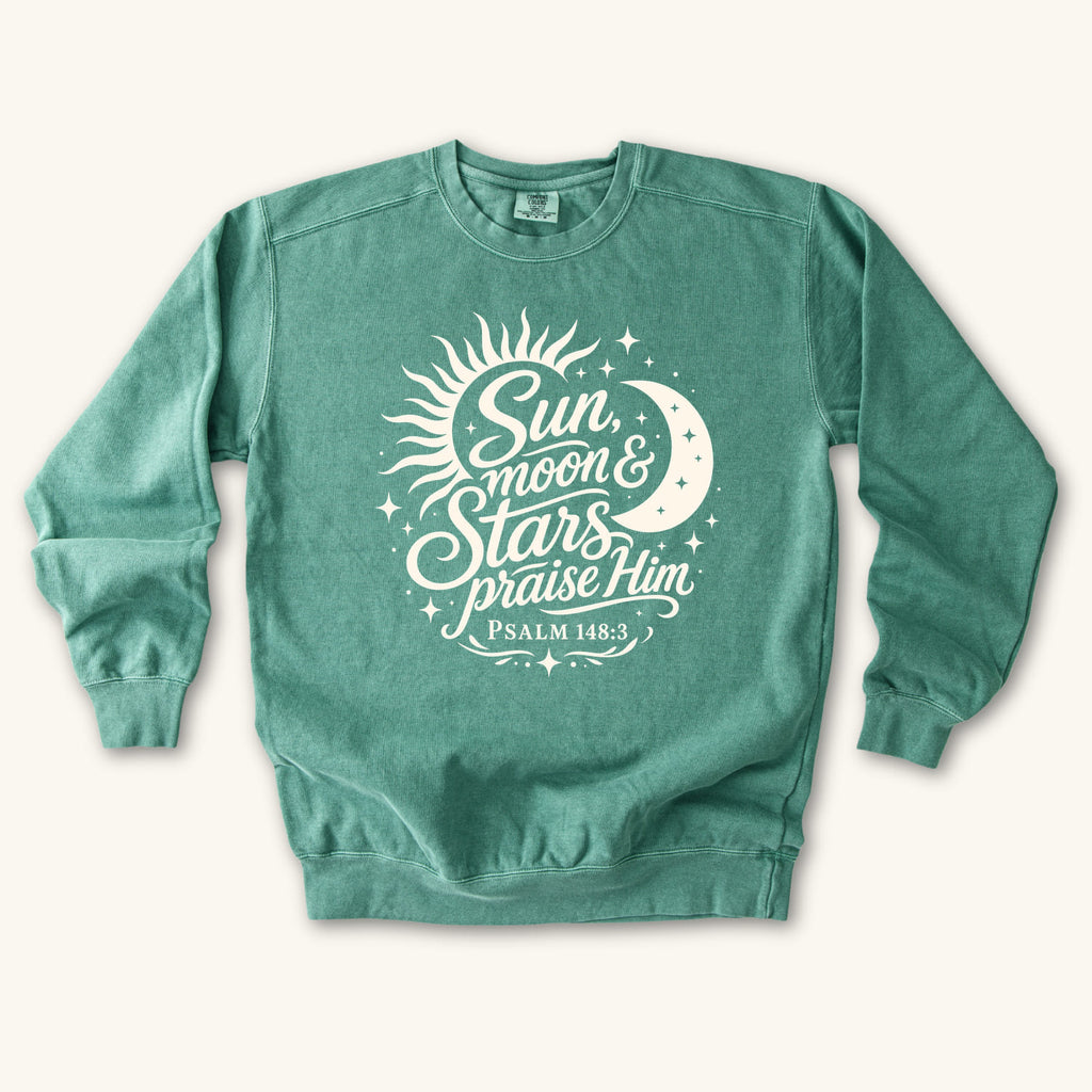Light Green Sun Moon and Stars Praise Him sweatshirt flat lay mockup, Psalm 148:3 Christian apparel for women