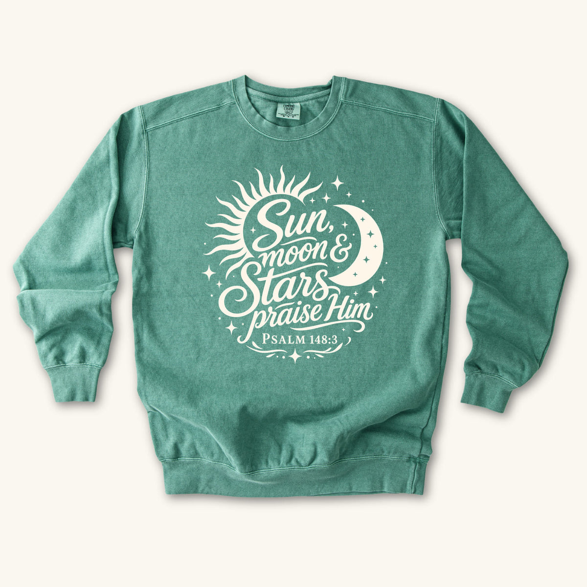 Light Green Sun Moon and Stars Praise Him sweatshirt flat lay mockup, Psalm 148:3 Christian apparel for women