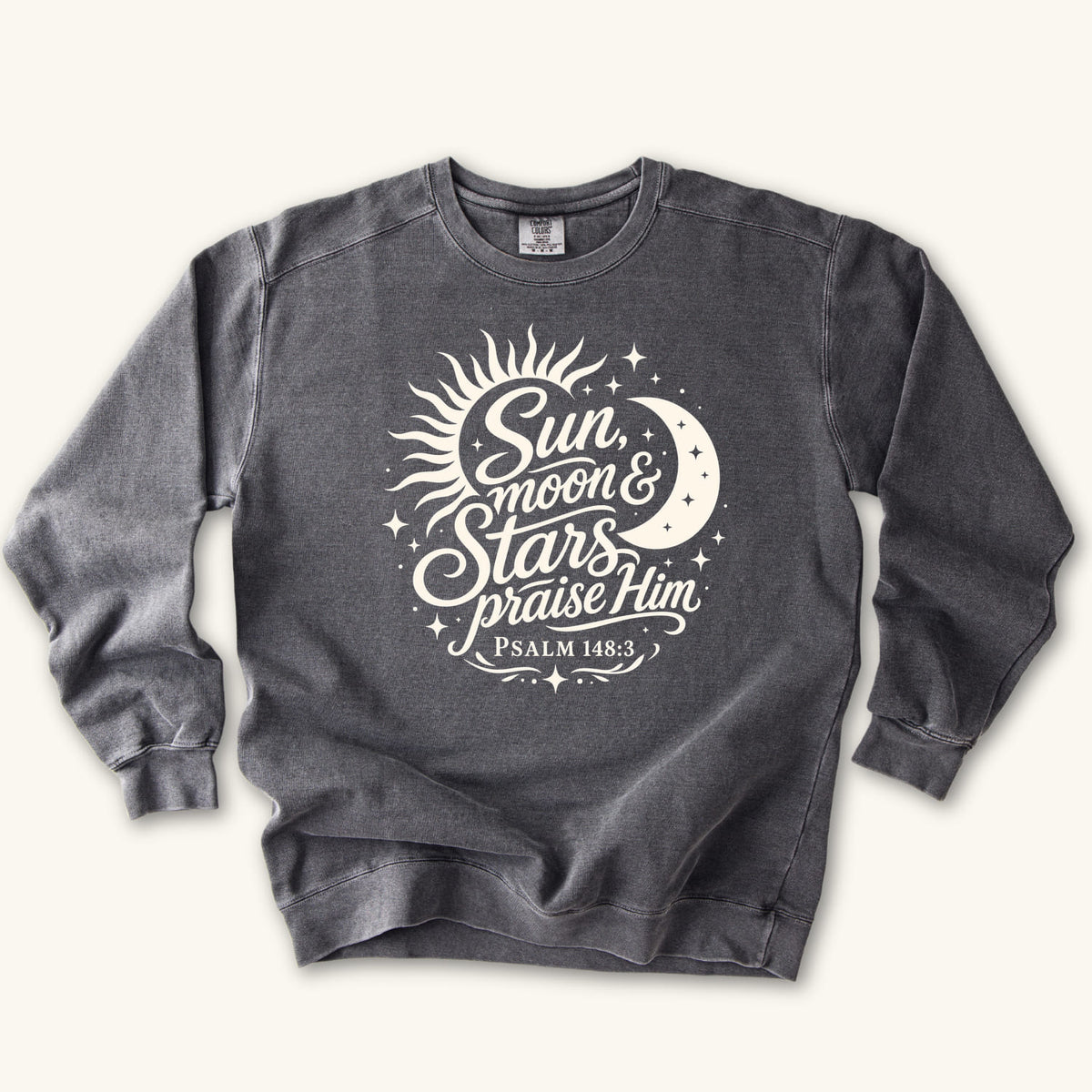 Pepper Sun Moon and Stars Praise Him sweatshirt flat lay mockup, Psalm 148:3 Christian apparel for women
