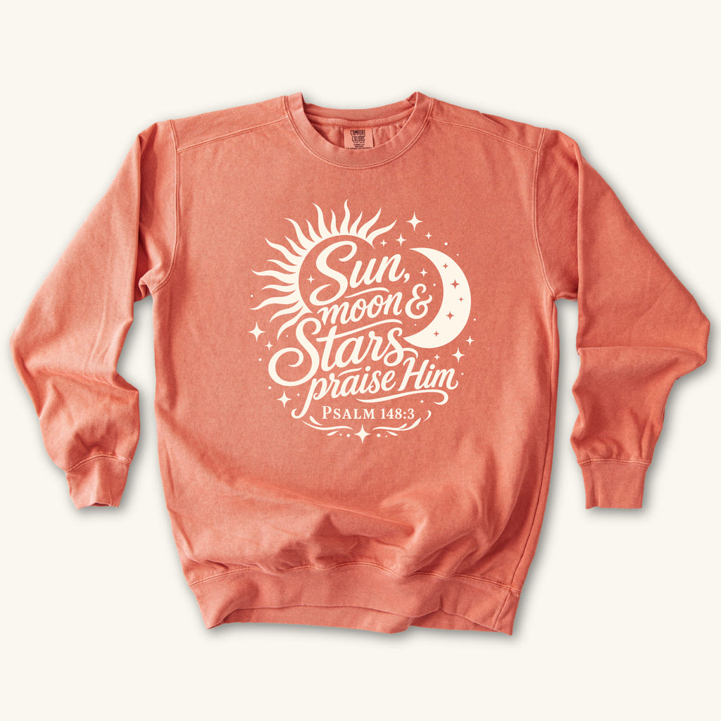 Terracotta Sun Moon and Stars Praise Him sweatshirt flat lay mockup, Psalm 148:3 Christian apparel for women