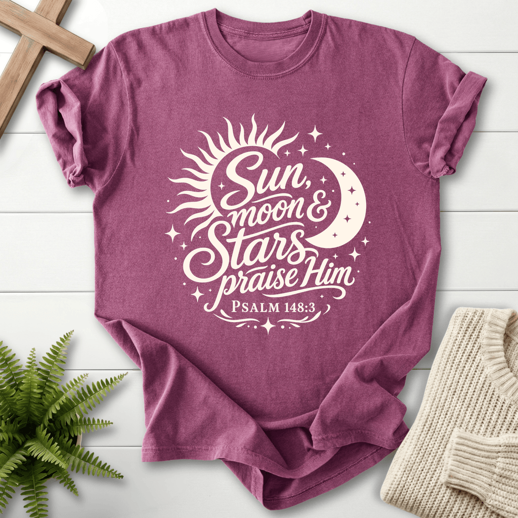 Sun Moon and Stars Praise Him T-Shirt in Berry | She Wears Faith