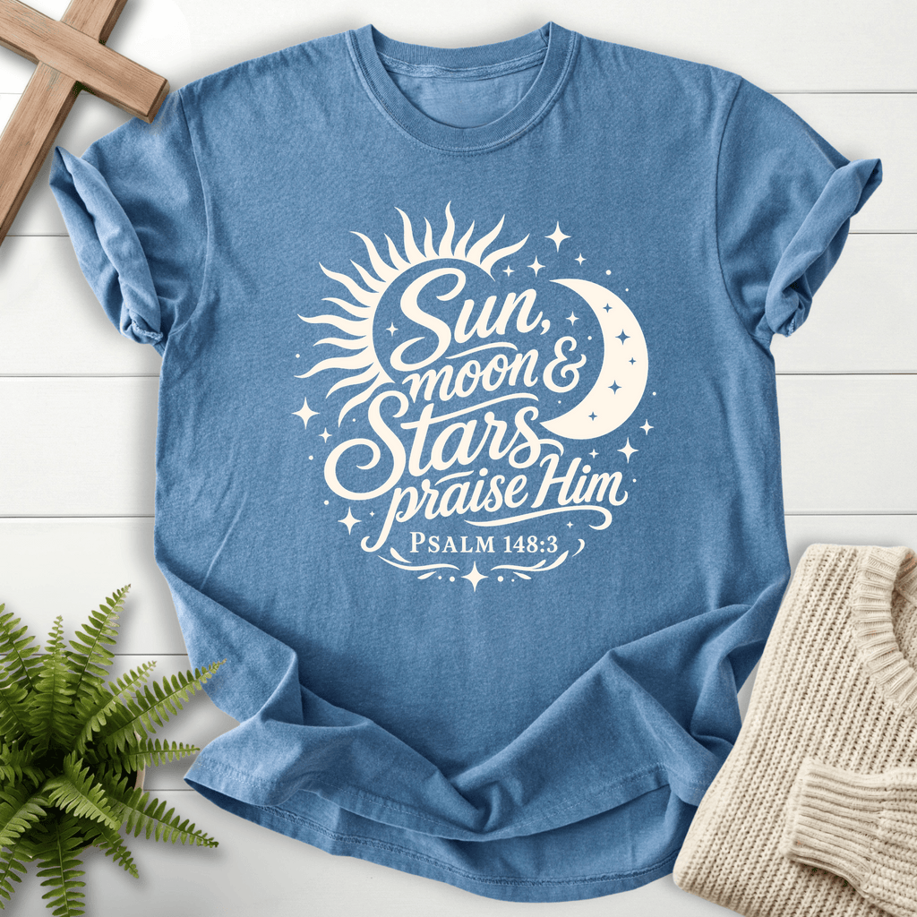 Sun Moon and Stars Praise Him T-Shirt in Blue Jean | She Wears Faith