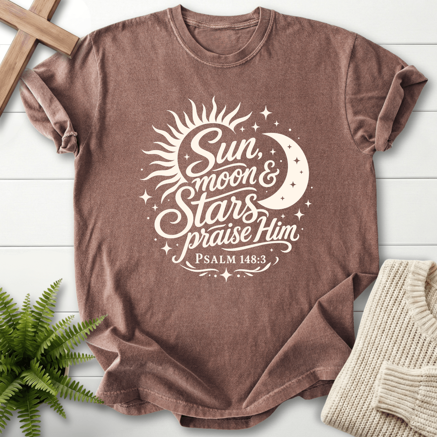 Sun Moon and Stars Praise Him T-Shirt in Espresso | She Wears Faith