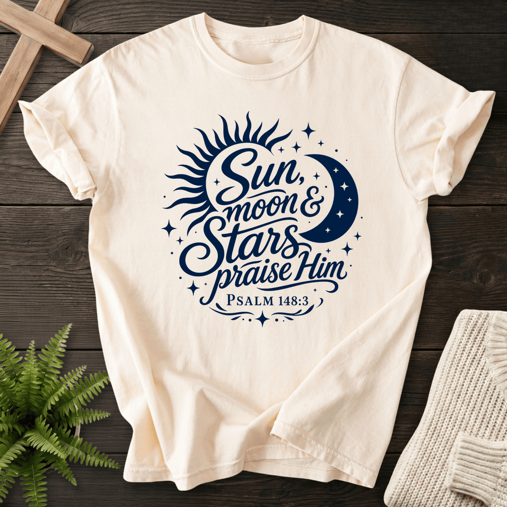 Sun Moon and Stars Praise Him T-Shirt in Ivory | She Wears Faith