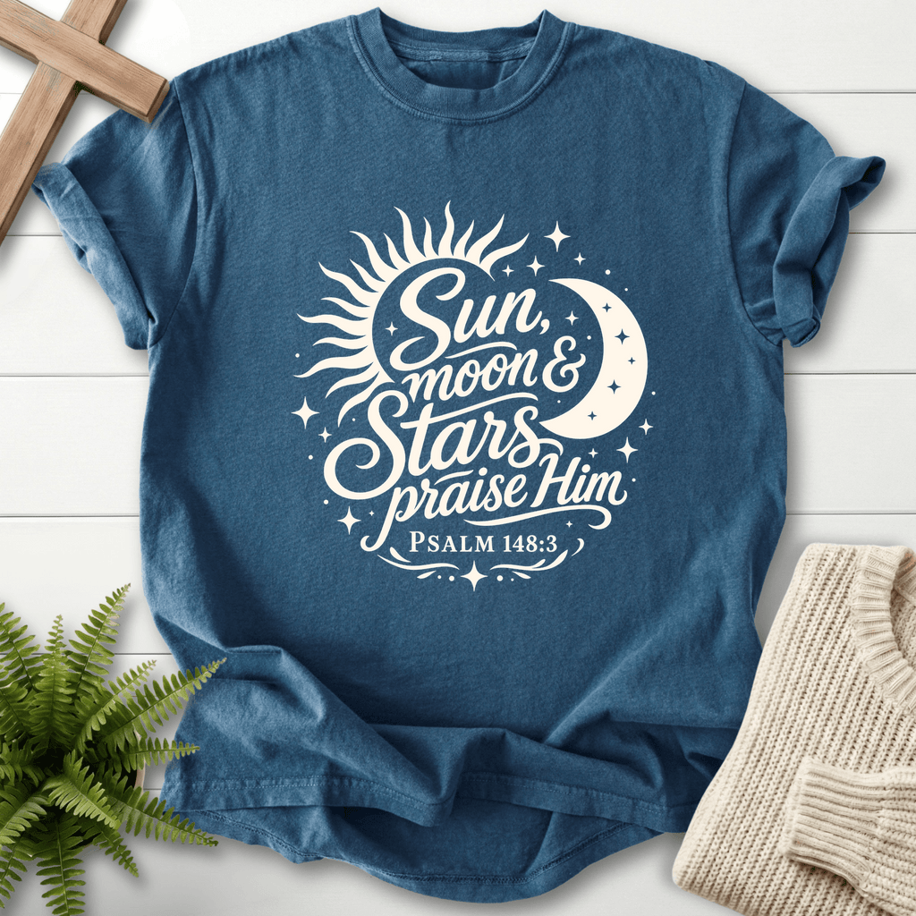 Sun Moon and Stars Praise Him T-Shirt in Midnight | She Wears Faith