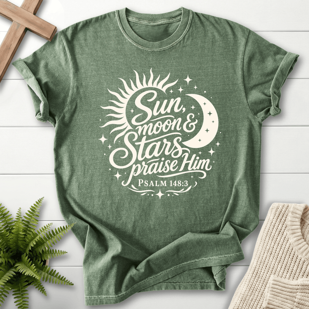 Sun Moon and Stars Praise Him T-Shirt in Moss | She Wears Faith