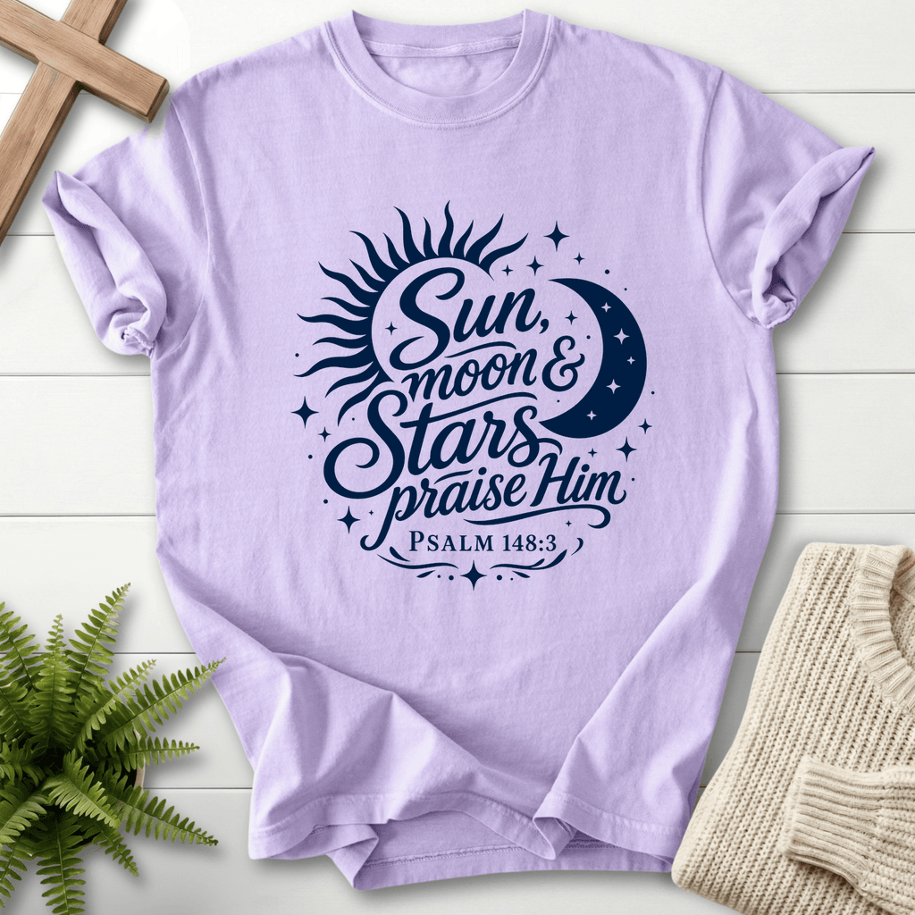 Sun Moon and Stars Praise Him T-Shirt in Orchid | She Wears Faith
