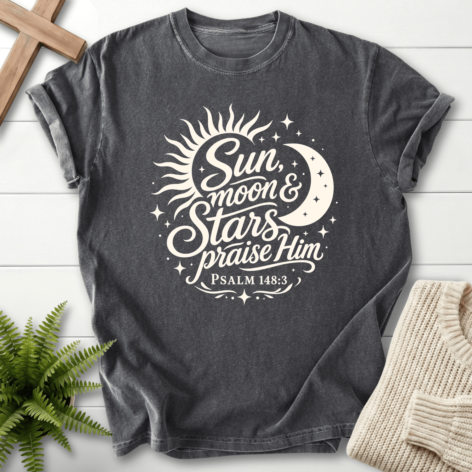 Sun Moon and Stars Praise Him T-Shirt in Pepper | She Wears Faith