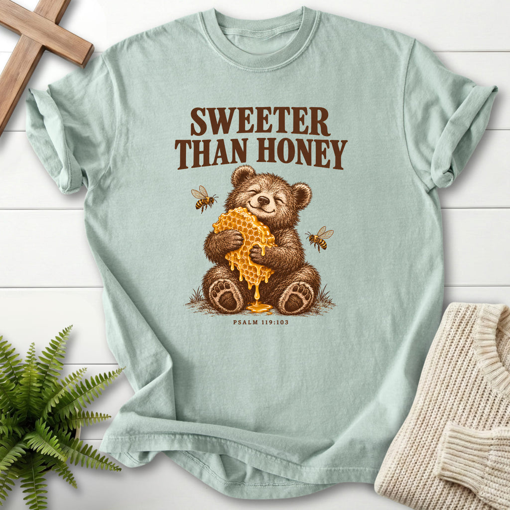 Bay Sweeter Than Honey Bear T-shirt flat lay mockup, Psalm 119:103 Christian apparel for women