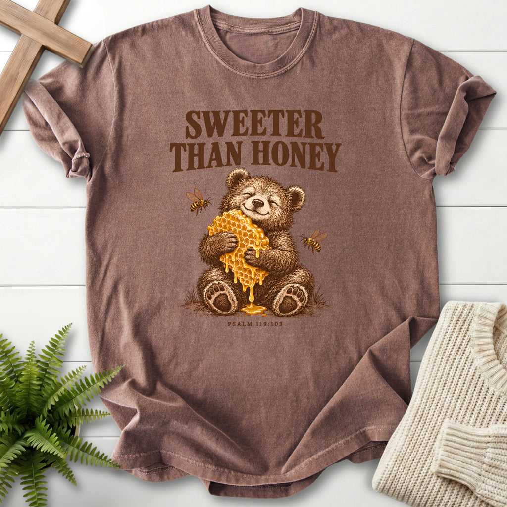 Espresso Sweeter Than Honey Bear T-shirt flat lay mockup, Psalm 119:103 Christian apparel for women