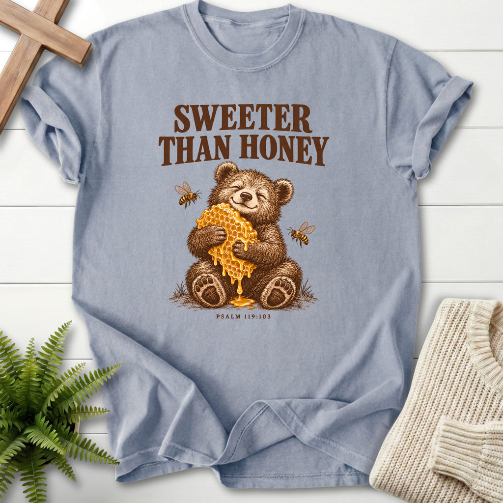 Granite Sweeter Than Honey Bear T-shirt flat lay mockup, Psalm 119:103 Christian apparel for women