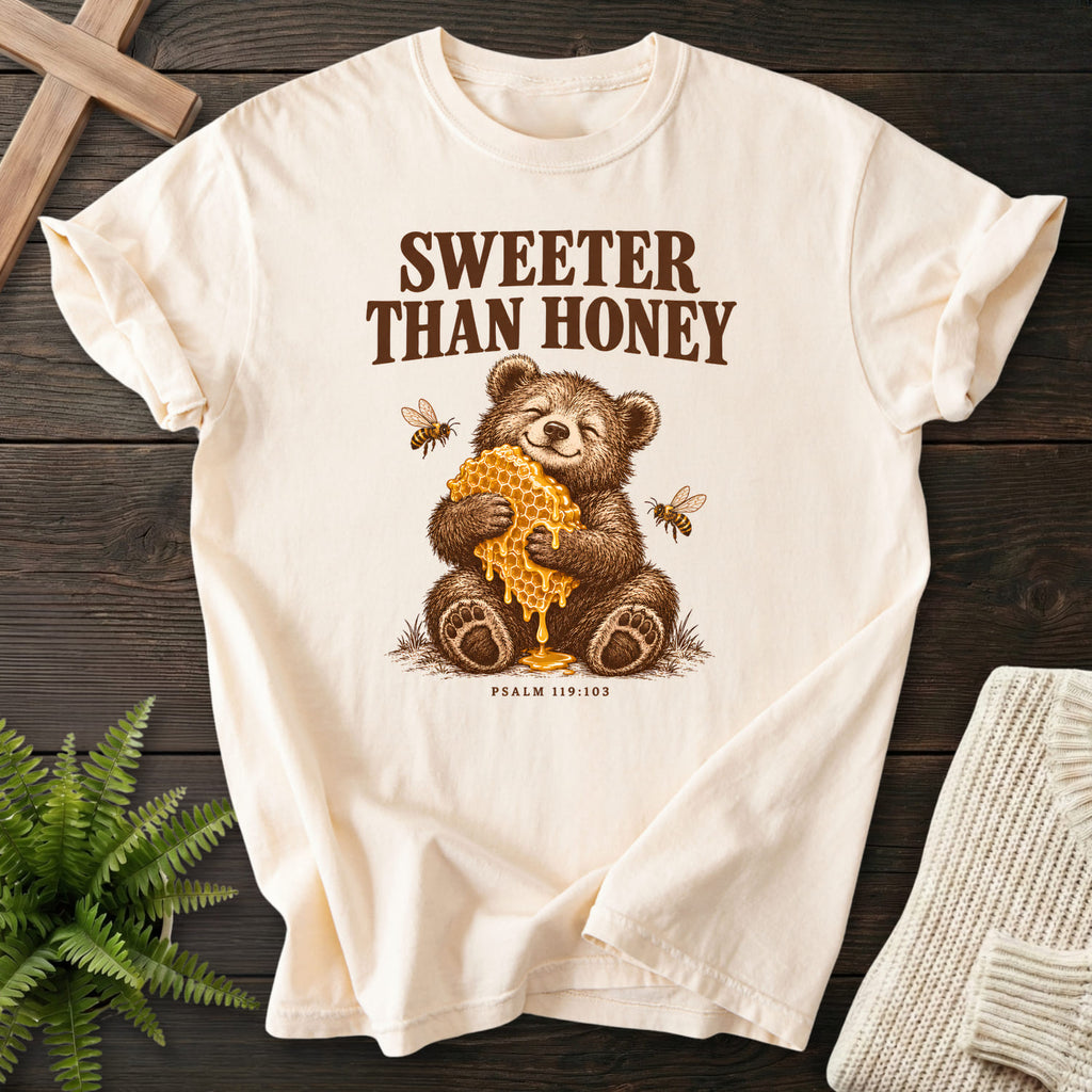 Ivory Sweeter Than Honey Bear T-shirt flat lay mockup, Psalm 119:103 Christian apparel for women