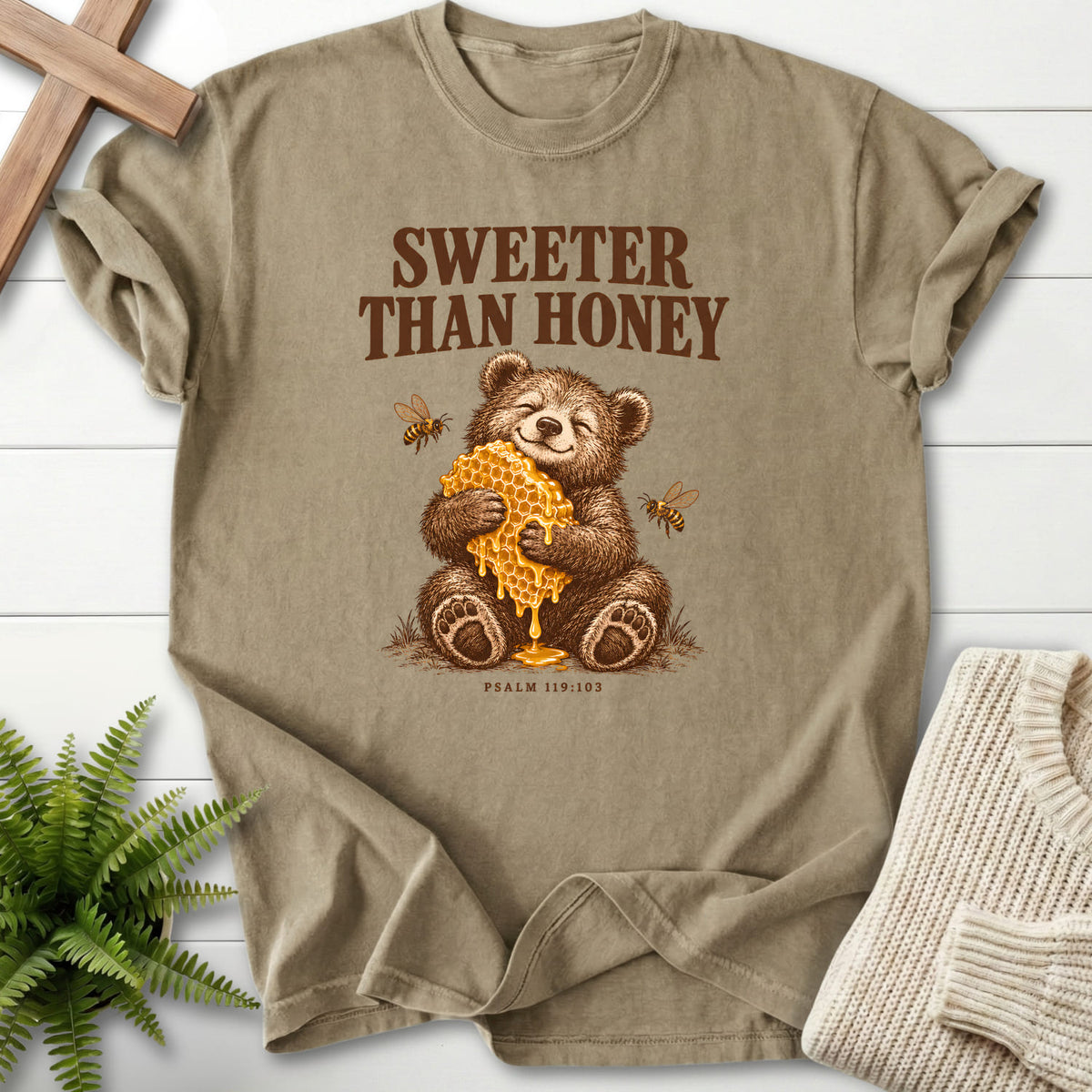 Khaki Sweeter Than Honey Bear T-shirt flat lay mockup, Psalm 119:103 Christian apparel for women