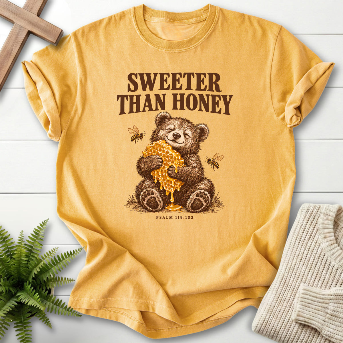 Mustard Sweeter Than Honey Bear T-shirt flat lay mockup, Psalm 119:103 Christian apparel for women