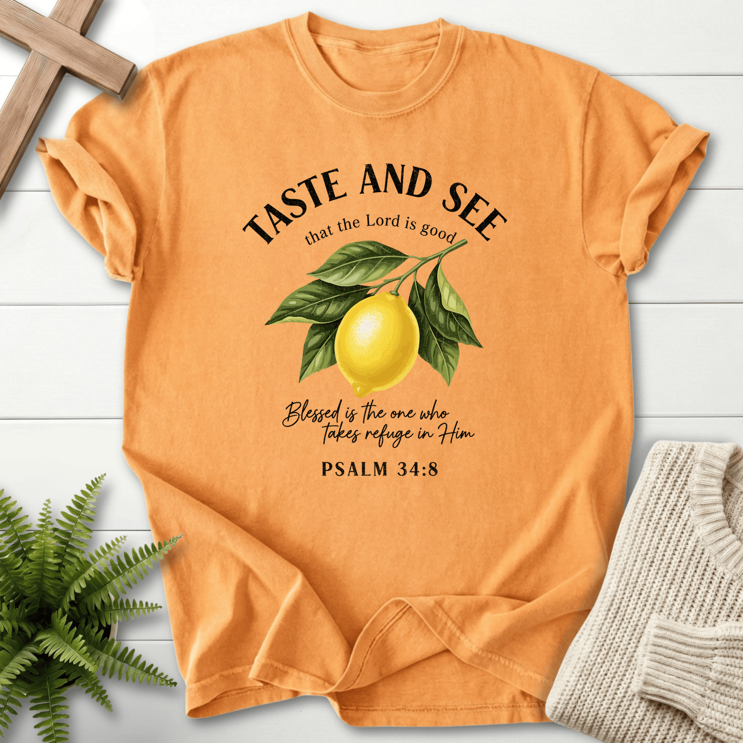Citrus Christian t-shirt for women with a botanical lemon illustration and Taste and See That the Lord Is Good, inspired by Psalm 34:8.