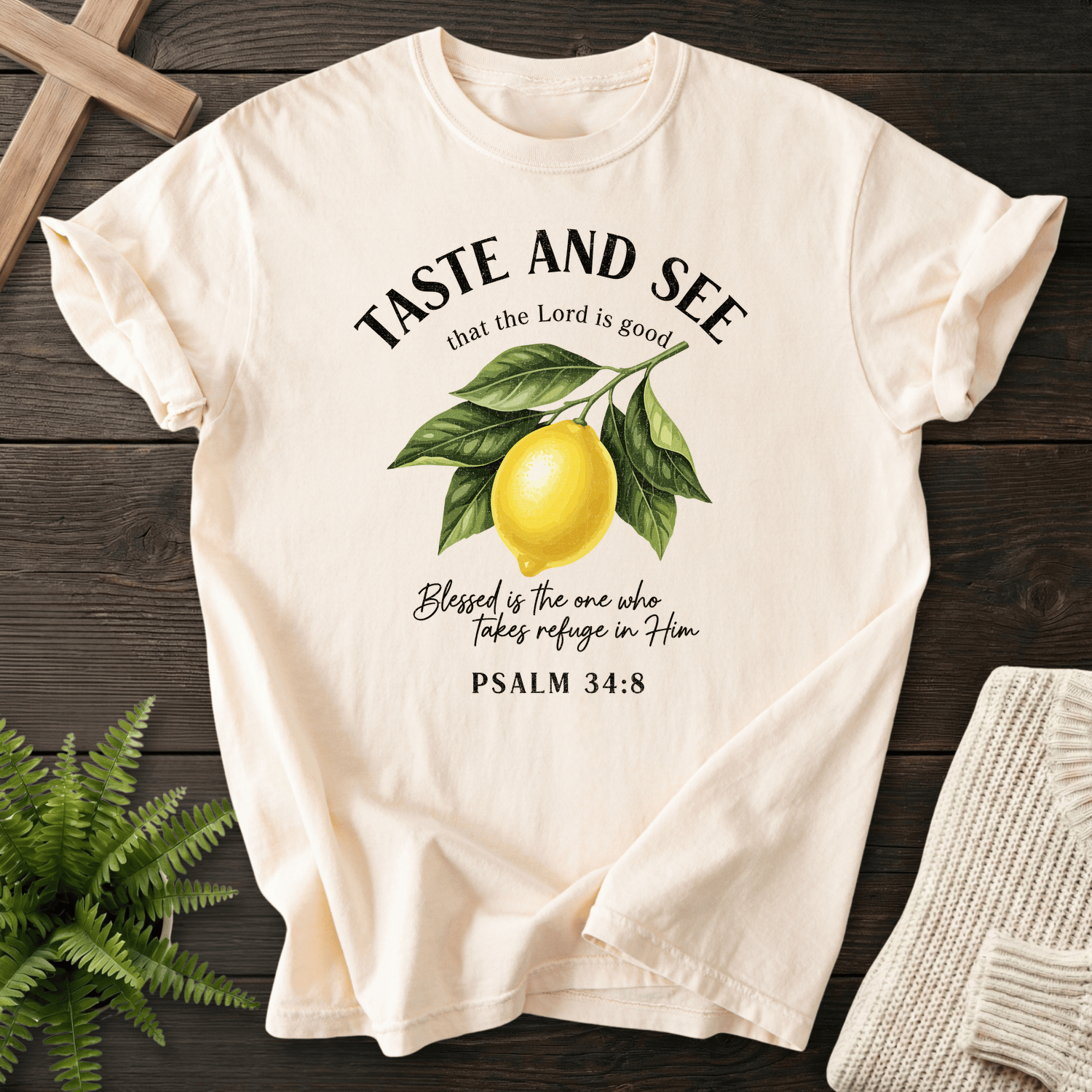 Ivory Christian t-shirt for women with a botanical lemon and Taste and See the Lord Is Good text, by She Wears Faith.