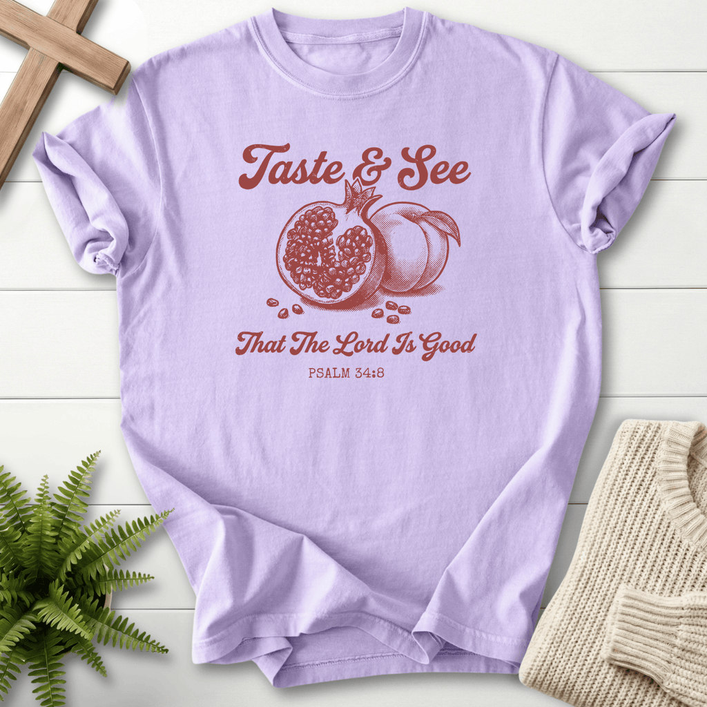 Orchid Christian t-shirt for women with the Taste and See pomegranate vintage design, inspired by Psalm 34:8.