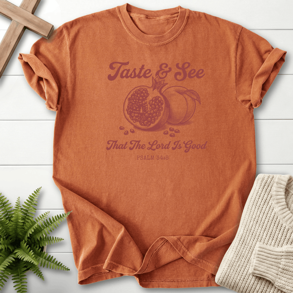Yam Christian t-shirt for women with a vintage pomegranate illustration and Taste and See text, inspired by Psalm 34:8.
