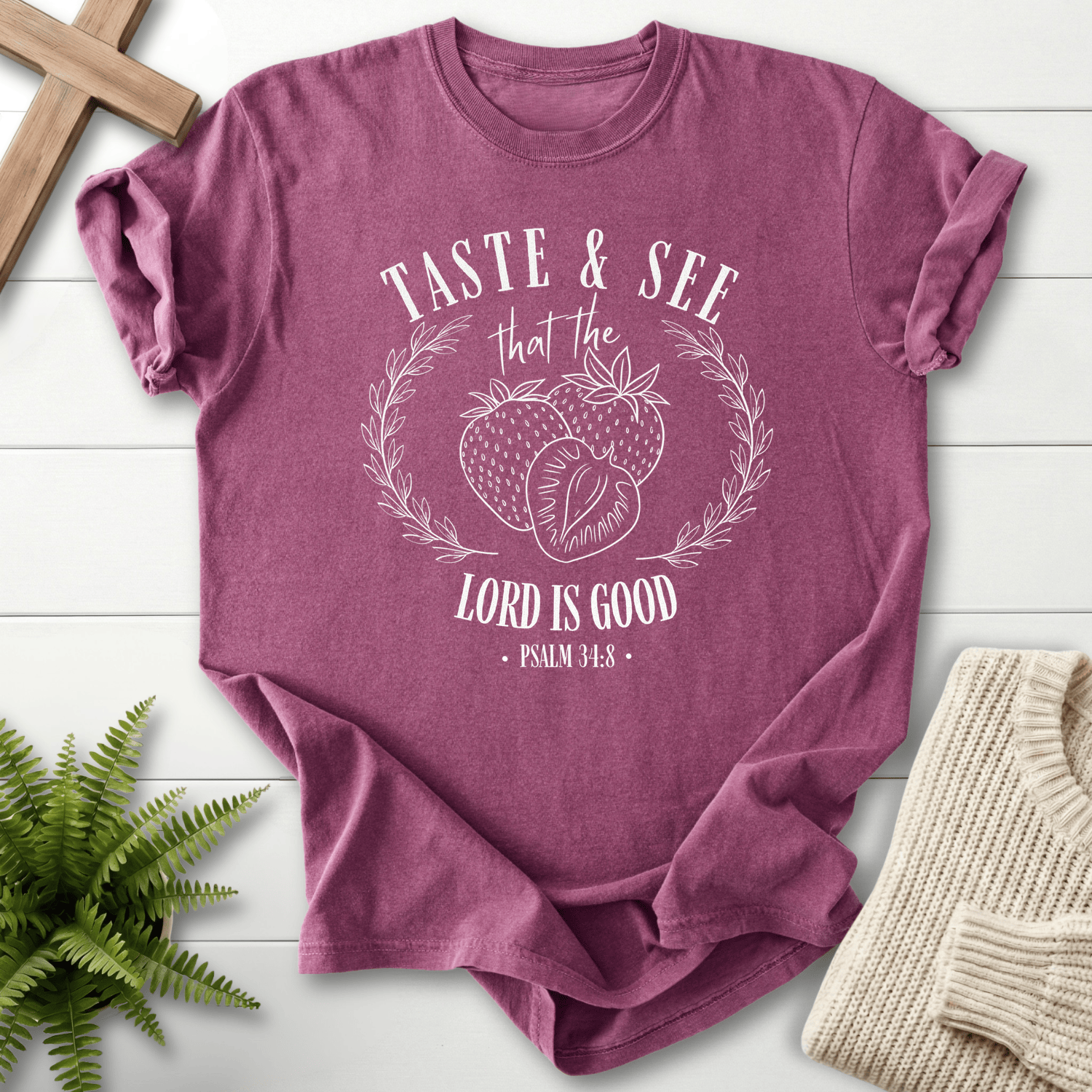 Berry Christian t-shirt for women with a circular Taste and See strawberry wreath, inspired by Psalm 34:8.