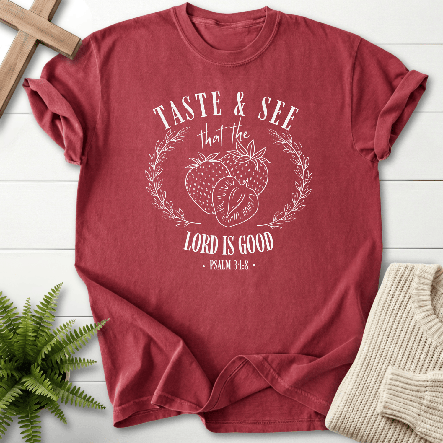 Chili Christian t-shirt for women with a strawberry wreath design, Comfort Colors 1717, inspired by Psalm 34:8.
