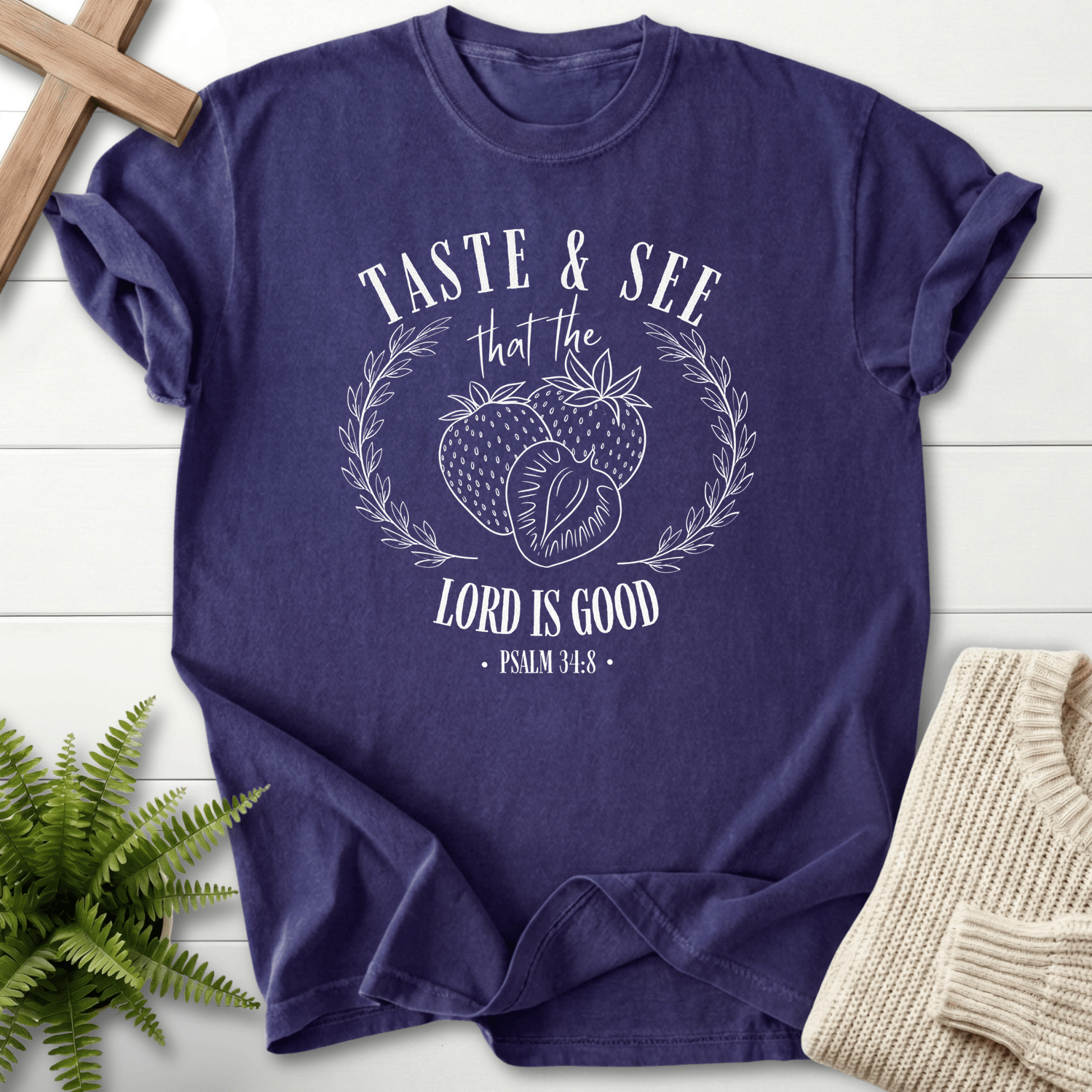Grape Bible verse tee with a strawberry wreath illustration, inspired by Psalm 34:8.