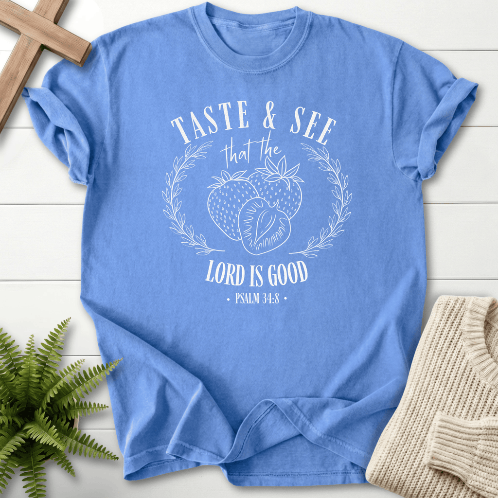 Mystic Blue faith-based tee with a circular strawberry wreath, inspired by Psalm 34:8.