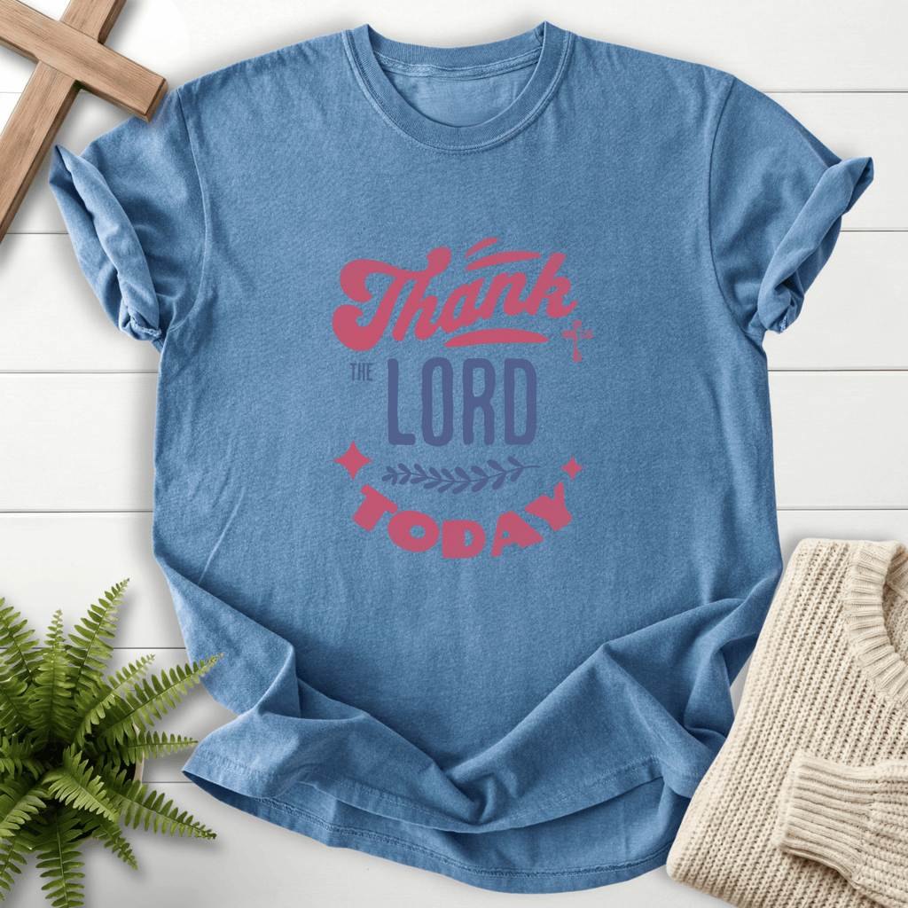 Blue Jean Christian t-shirt for women with bold retro Thank the Lord Today lettering and star diamond accents.