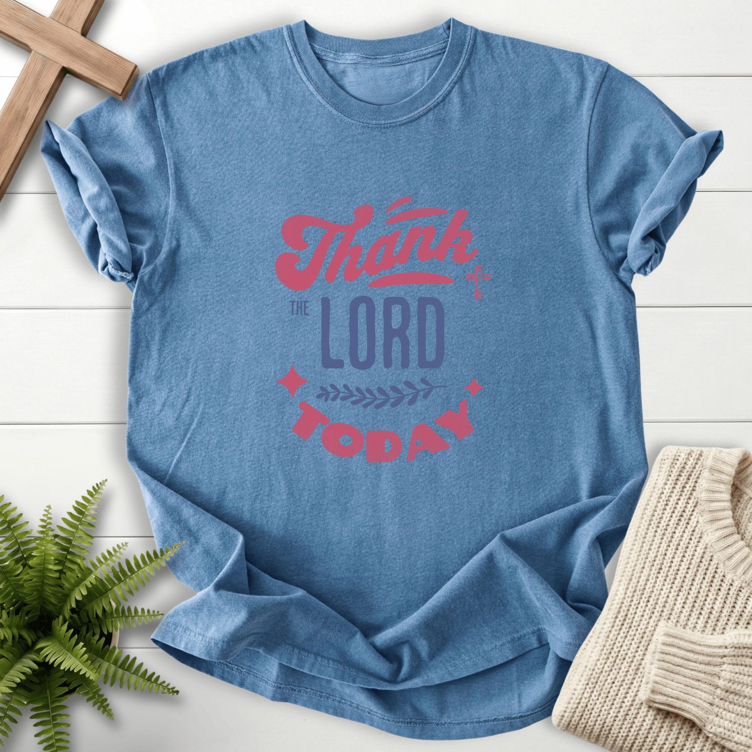 Blue Jean Christian t-shirt for women with bold retro Thank the Lord Today lettering and star diamond accents.